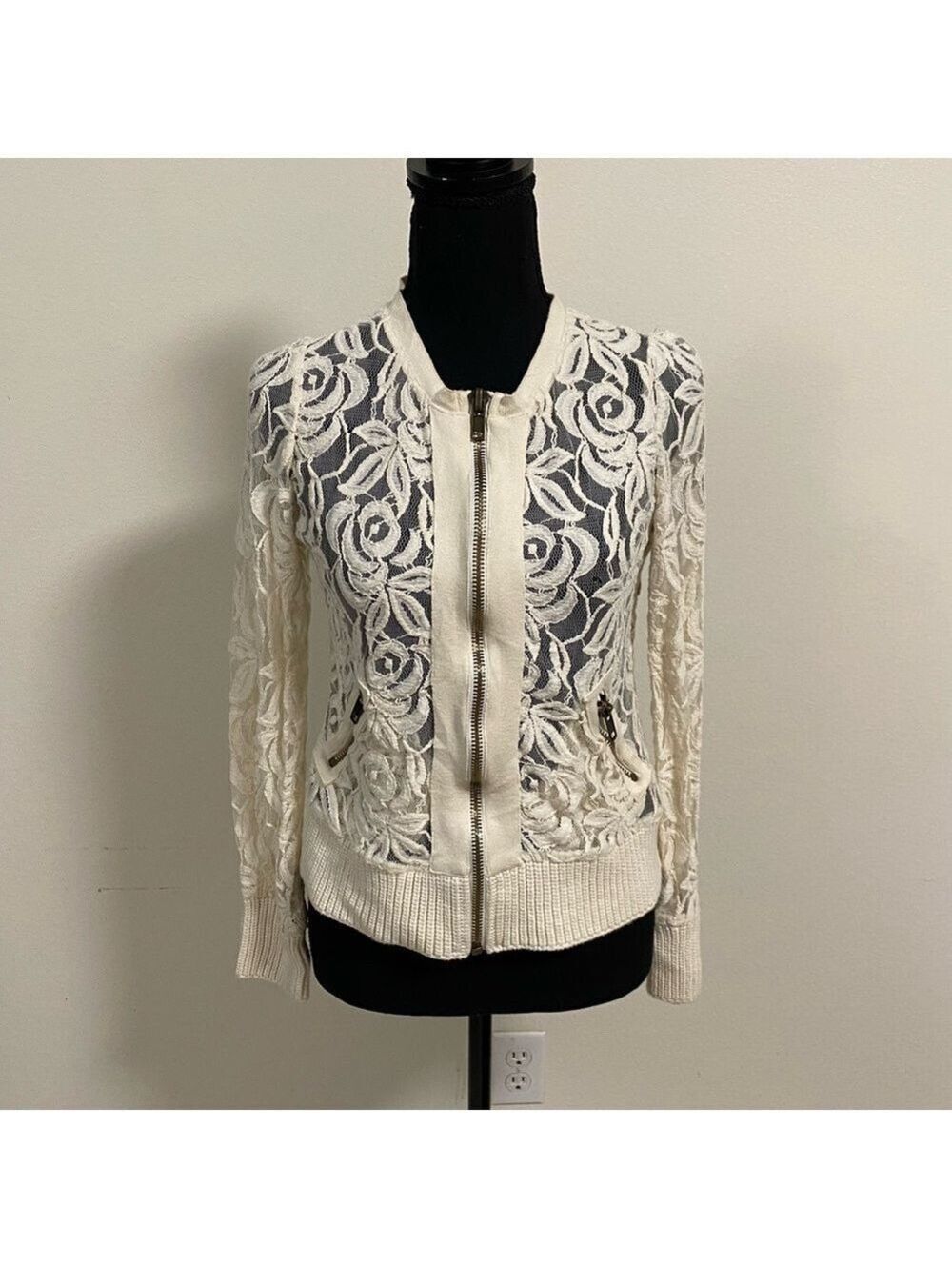Free People Jacket Womens Size Small Off White Vintage Sheer Lace Bomber Jacket